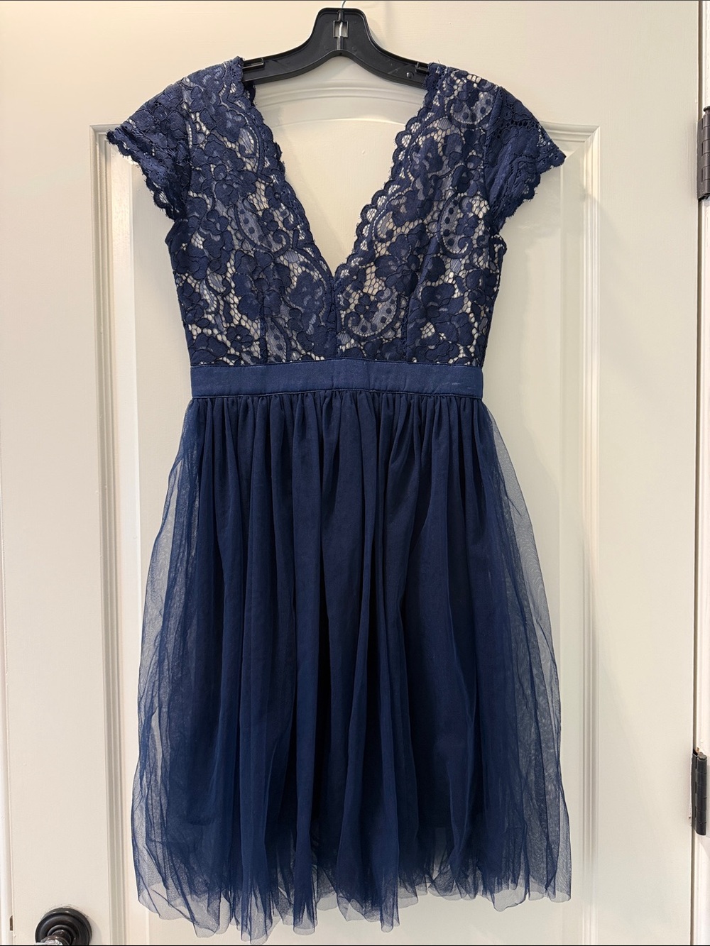 Navy Lace V-Neck Tulle Dress